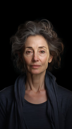 Portrait of a mature woman with gray hair on a black backgroundの素材
