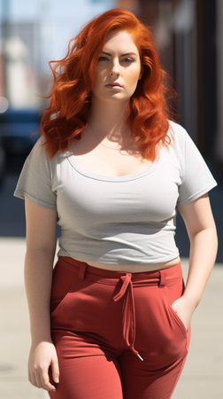 Beautiful young woman with red hair walking in the city street.の素材