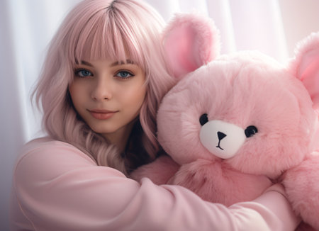 Portrait of a beautiful young woman with pink hair and teddy bearの素材