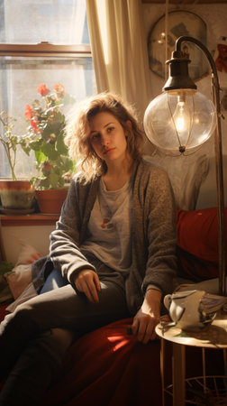 Portrait of a beautiful young woman with curly hair sitting in a cafeの素材