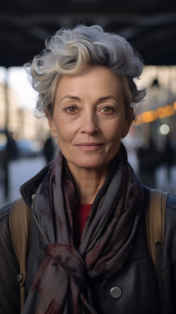 Portrait of beautiful senior woman with short gray hair in the cityの素材