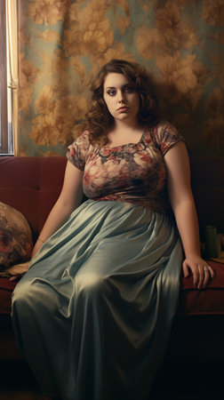 Portrait of a beautiful girl in a long dress in the interiorの素材