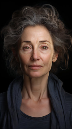 Portrait of a middle-aged woman on a black background.の素材