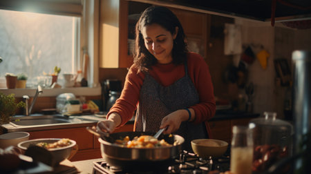 Young woman cooking at home in the kitchen. Selective focus.の素材