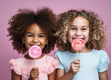 Cute little girls with lollipops on a pink backgroundの素材