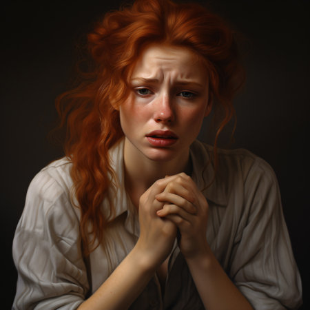 Closeup portrait of beautiful sad young woman with red hair looking at cameraの素材
