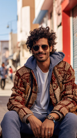 Portrait of a handsome young man with curly hair wearing coat and sunglasses sitting on the street.の素材