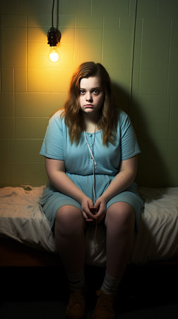 sad young woman sitting on the bed at night in the darkの素材
