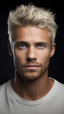 Portrait of handsome young man with blond hair. Men's beauty, fashion.の素材
