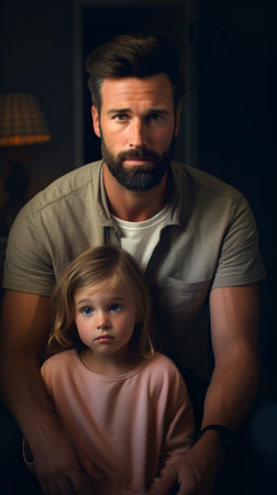 Portrait of a father and his daughter in the dark room.の素材