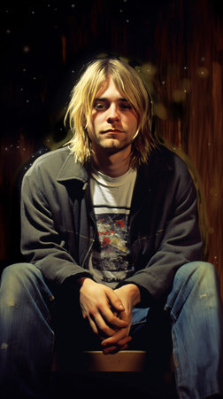 portrait of a young man with long blond hair in a dark roomの素材