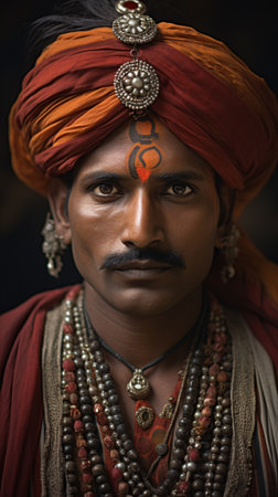 Portrait of a young Indian man with traditional clothes and accessoriesの素材