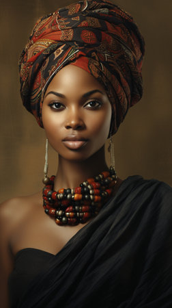 Beautiful African American woman in a turban and scarf on her headの素材