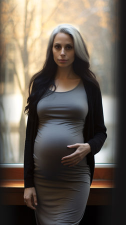 Portrait of a beautiful pregnant woman with long black hair in a gray dressの素材