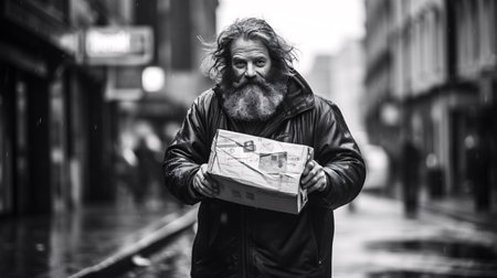 Handsome bearded man with long beard and mustache on serious face in black leather jacket holding newspaper in city street on rainy dayの素材