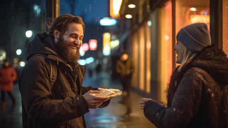 Young man and woman walking in the city at night and eating pizzaの素材