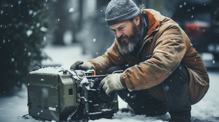 A man with a long beard and a gray beard is cutting snow with a chainsaw on a snowy streetの素材