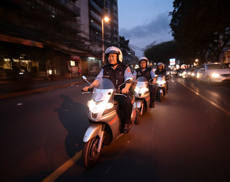 Motorcyclists ride on the road at night.の素材