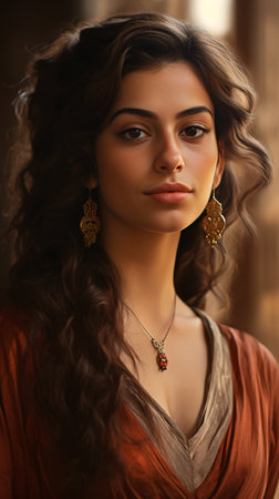 Portrait of a beautiful young brunette woman with long curly hair.の素材