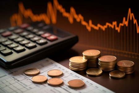calculator and coins on table with stock market graph background.の素材