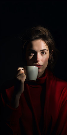 Portrait of young beautiful woman in red coat with cup of coffeeの素材
