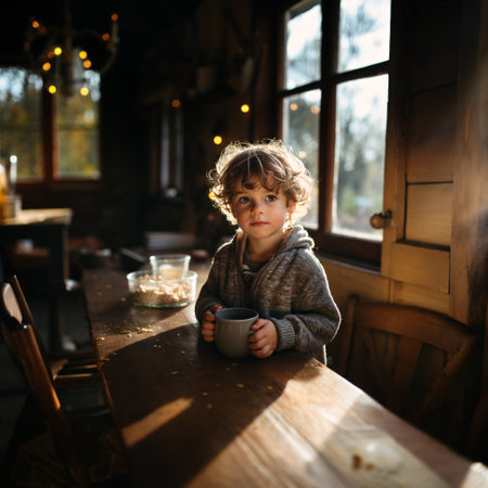 Cute little boy sitting at a table in a cafe and drinking coffee.の素材