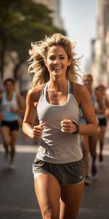 multiethnic group of people running in the city on a sunny dayの素材