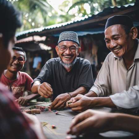 Group of Asian friends playing poker together in the backyard of their home.の素材