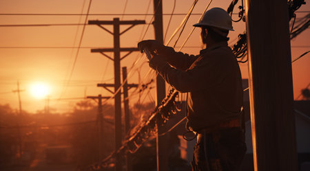 Electrician working on high voltage power line at sunset. Electricity distribution station.の素材