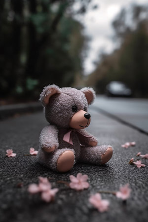 Teddy bear with cherry blossom on the road. Selective focusの素材