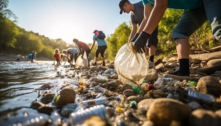 Volunteers collect garbage in the river. Selective focus.の素材
