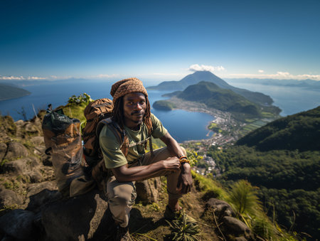 Hiker on the top of a mountain with view of the seaの素材