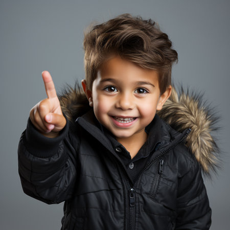 Portrait of a cute little boy in winter jacket showing thumbs upの素材