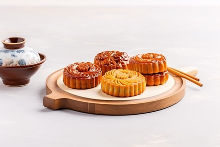 Moon cakes on wooden board. Chinese mid autumn festival food. Copyspace.の素材