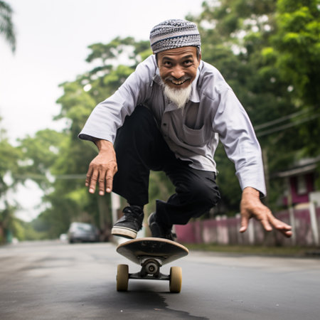 Happy Asian senior man skateboarder riding on a skateboard.の素材