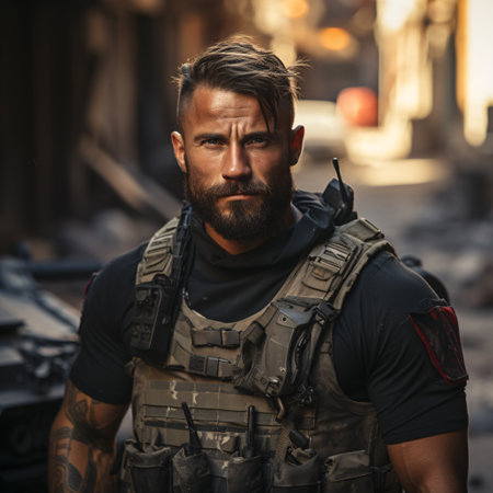 Portrait of a brutal man with a beard and tattoos on his armsの素材