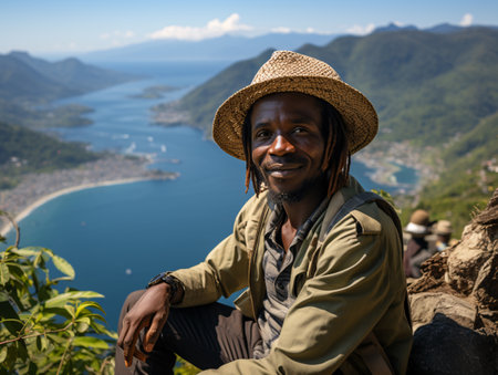 Portrait of a young African man sitting on top of a mountain and looking at the cameraの素材