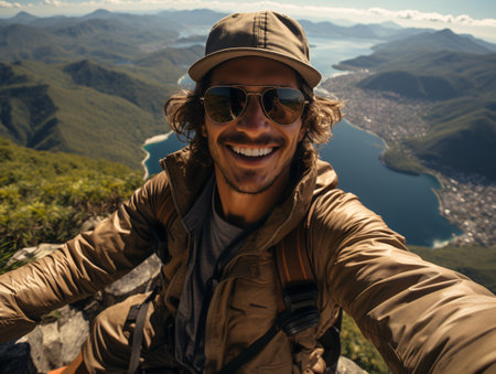 Hiker taking selfie on the top of the mountain. Man sitting on top of the mountain and smiling.の素材