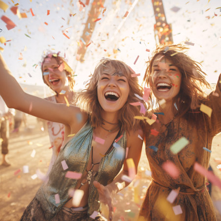 Group of friends having fun at a music festival with confetti.の素材