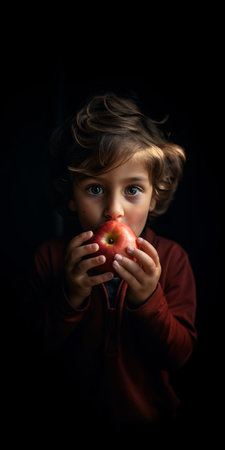Cute little boy with red apple on black background. Healthy food conceptの素材