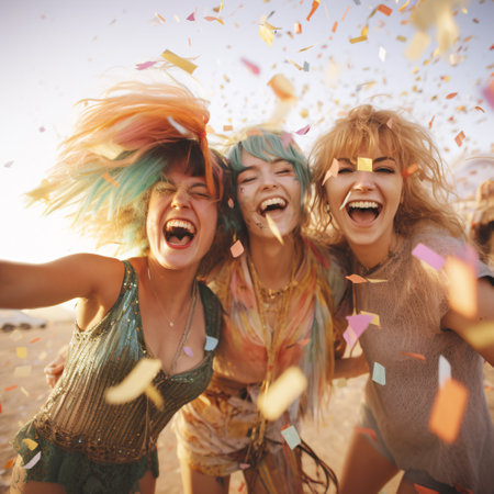 Group of young women having fun on the beach with confetti.の素材