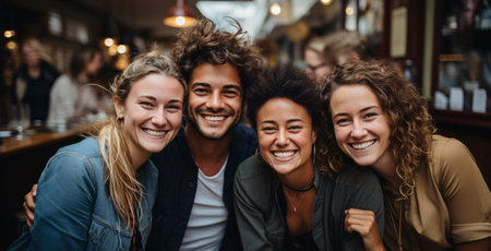 Portrait of group of friends having fun together at bar counter in pubの素材