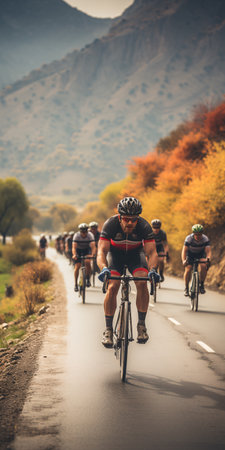 Cyclists riding in the mountain road in the autumn season.の素材