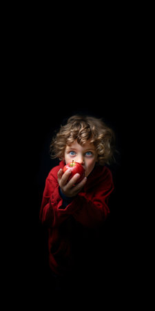 Child in red coat with red apple on black background. Studio shot.の素材