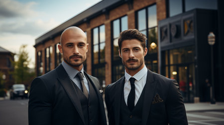 Portrait of two confident businessmen in suits looking at camera while standing outdoorsの素材