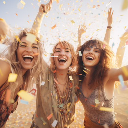 Group of young women having fun with confetti at a beach partyの素材