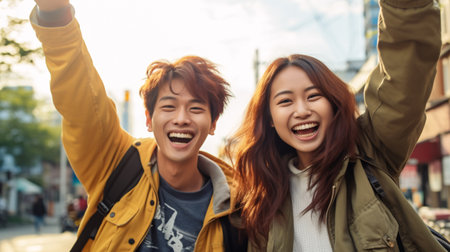 Happy asian friends taking selfie together in the city. Young Asian woman and man smiling and having fun together.の素材