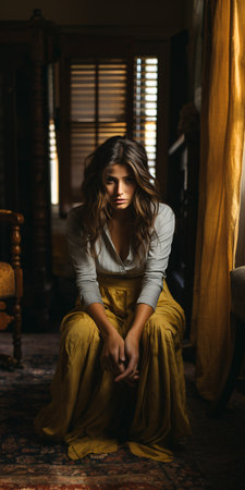 Beautiful young woman sitting on the floor in an old room.の素材