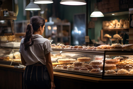Rear view of a woman standing at the counter of a bakeryの素材