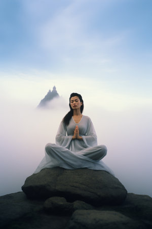 Woman meditating on the top of a mountain with a misty backgroundの素材